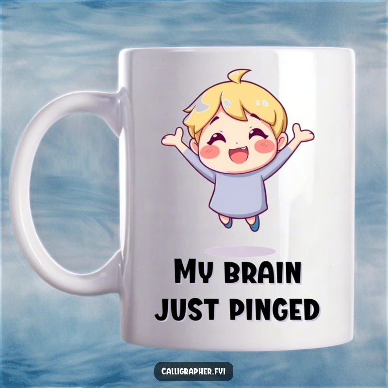 Funny mug featuring a happy character bouncing energetically, symbolizing bright ideas and creative sparks, a perfect gift for inspiration.