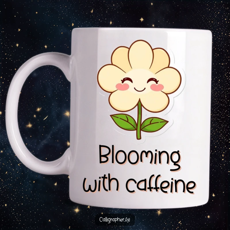 Funny mug of a warm, smiling artist gently presenting a simple, beautifully drawn flower, symbolizing kindness and artistic appreciation.