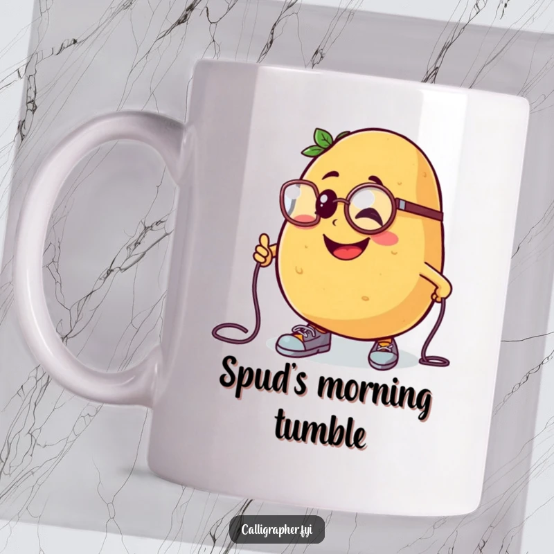 Funny mug showing a cheerful potato character wearing a monocle, comically tripping over its own shoelaces.