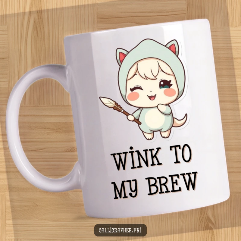 Funny mug featuring a cute character holding a quill pen with a charming, delighted wink, embodying playful wit and literary flair.