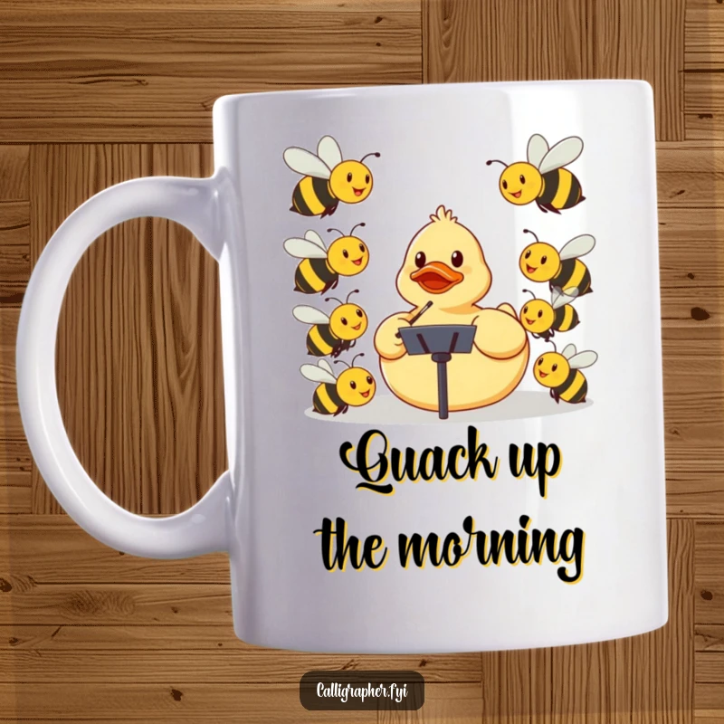Funny rubber ducky mug with a ducky in a tuxedo, conducting an orchestra of happy, smiling bees with a baton.
