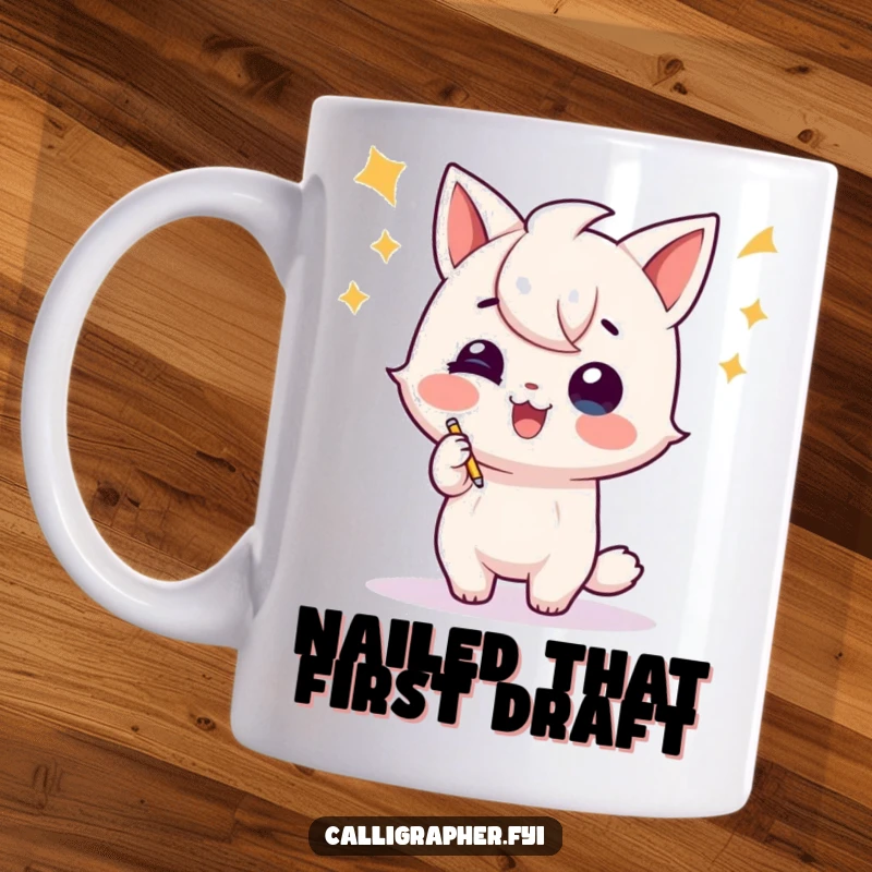 Funny mug showing a playful character executing a triumphant flourish after writing, celebrating literary achievements with humor, a great gift.