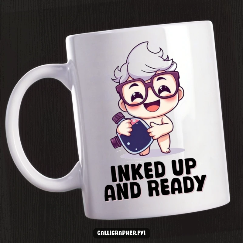 Funny Mug featuring a happy character with glasses smiling warmly while holding a large ink bottle, ready for literary adventures.