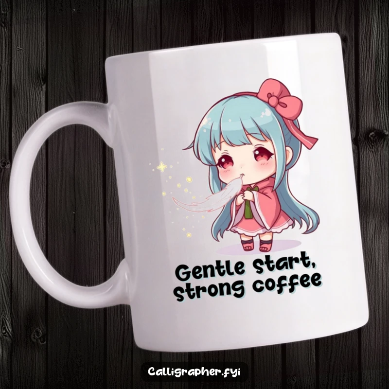 Funny mug of an artist gently blowing a feather, creating a soft, whimsical cloud of powdered pigment, symbolizing delicate artistic expression.