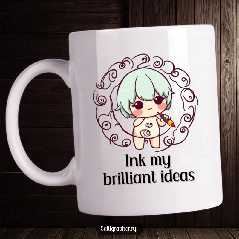 Funny mug with a cute character skillfully creating swirling patterns using a calligraphy pen, showcasing artistic talent and a joyful demeanor.