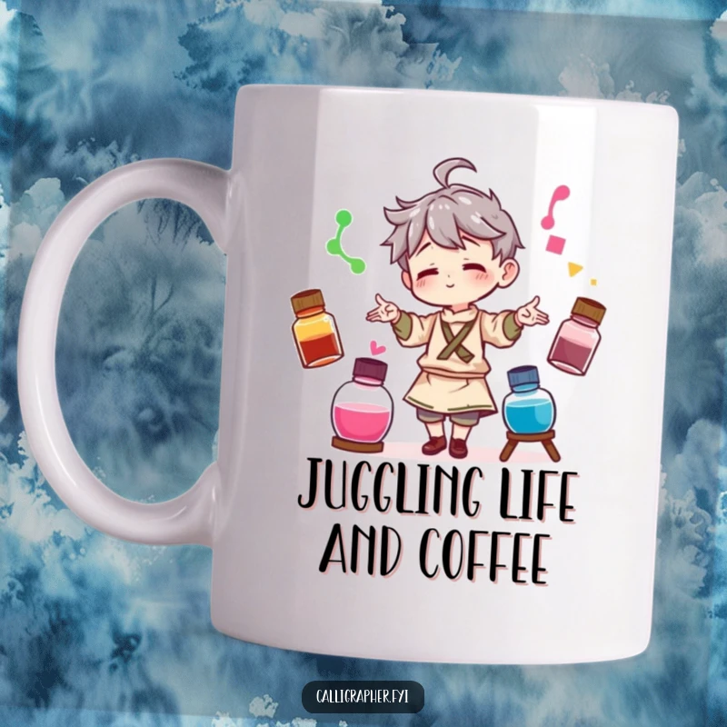Funny mug showing a character artist playfully juggling three different colored ink bottles, showcasing vibrant artistic energy and skill.