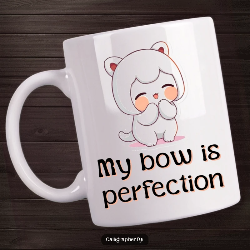 Funny Mug: Cute character bowing gracefully with an artistic flourish and a proud smile, radiating charm and accomplishment.