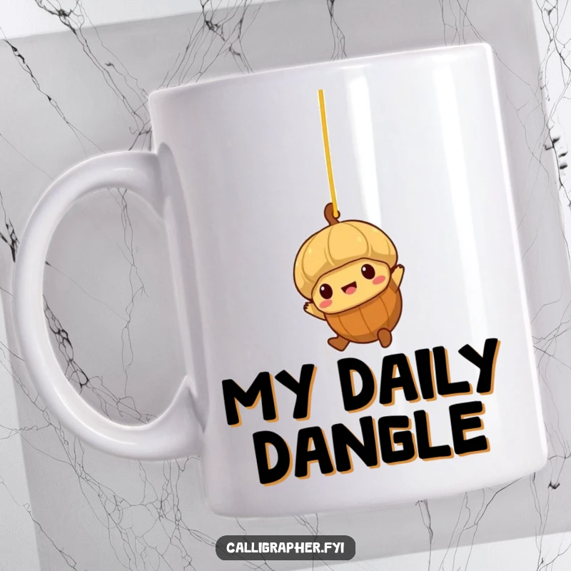 Funny mug showing a brave little acorn character swinging gleefully from a strand of spaghetti.