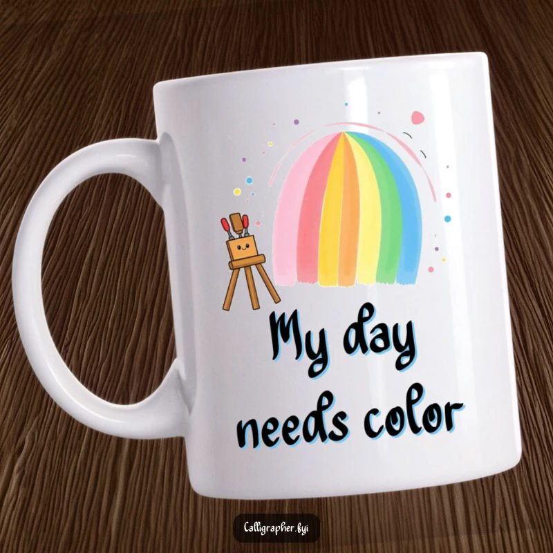 Funny mug of a happy artist enthusiastically painting a bright, bold rainbow on a blank canvas, symbolizing creativity and joy.