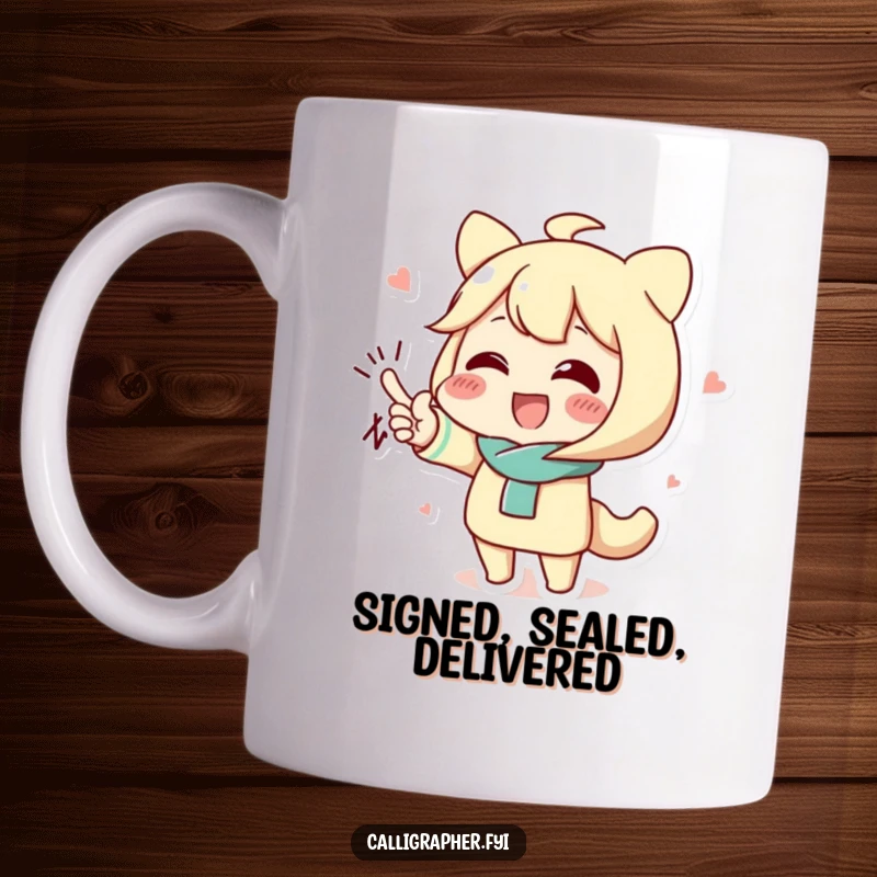 Funny mug with a cute character excitedly showing off a dramatically flourished signature with great pride.