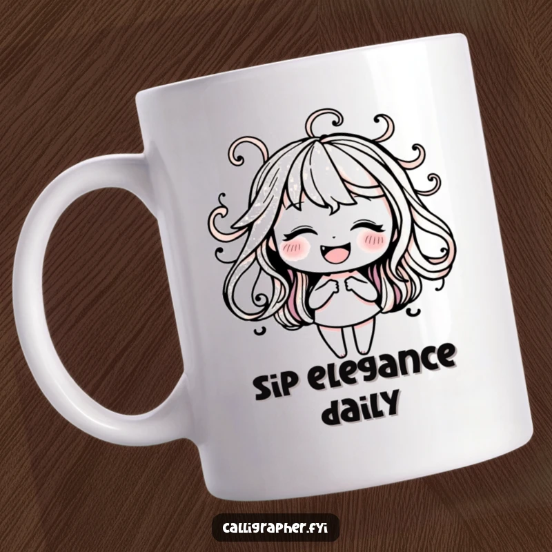 Funny mug depicting a happy character gracefully practicing elegant swirls with ink, celebrating the art of calligraphy.