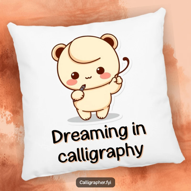 Funny pillow with a cute kawaii character artist holding a calligraphy pen, elegantly writing a swoosh, perfect for cozy artistic moments.