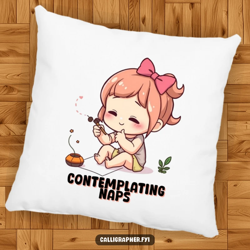 Funny pillow depicting a cute character concentrating intensely while drawing a beautiful, delicate flourish.