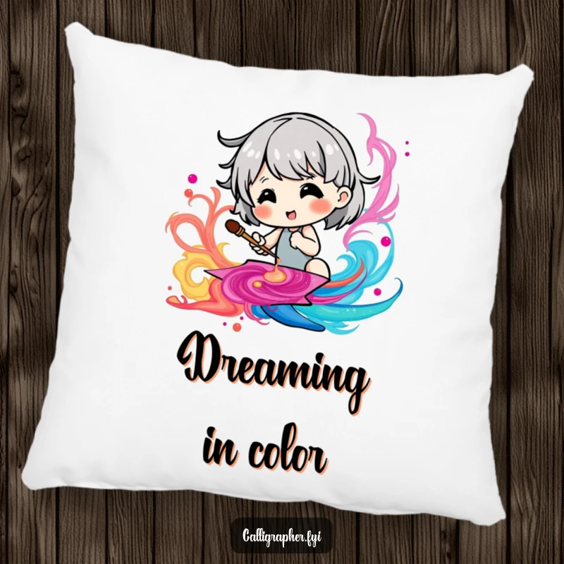 Funny pillow featuring a cute character happily creating a beautiful, swirling ink pattern with vibrant colors.