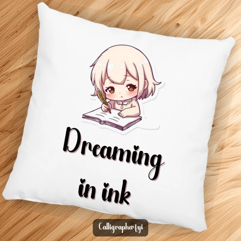 Funny pillow with a cute character comfortably writing with a feathered quill, evoking a sense of warmth and creativity.