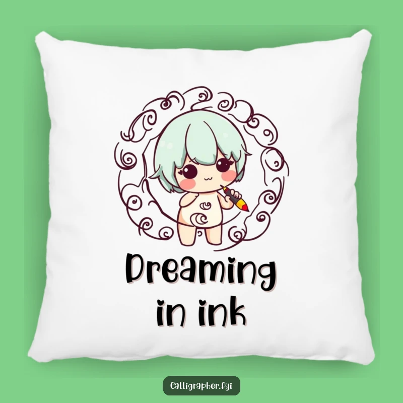 Funny Calligraphy Pillow: Cute Artist Character Swirling Pen Comfort