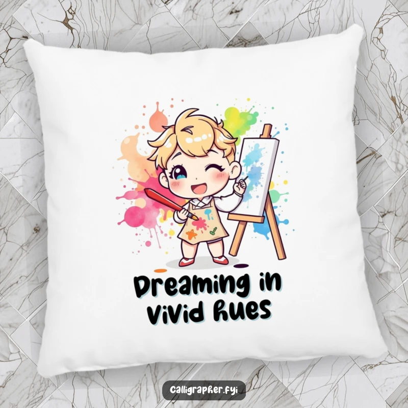 Funny pillow with a happy character artist splattering colorful ink on a canvas with a large brush, adding a playful artistic touch to comfort.