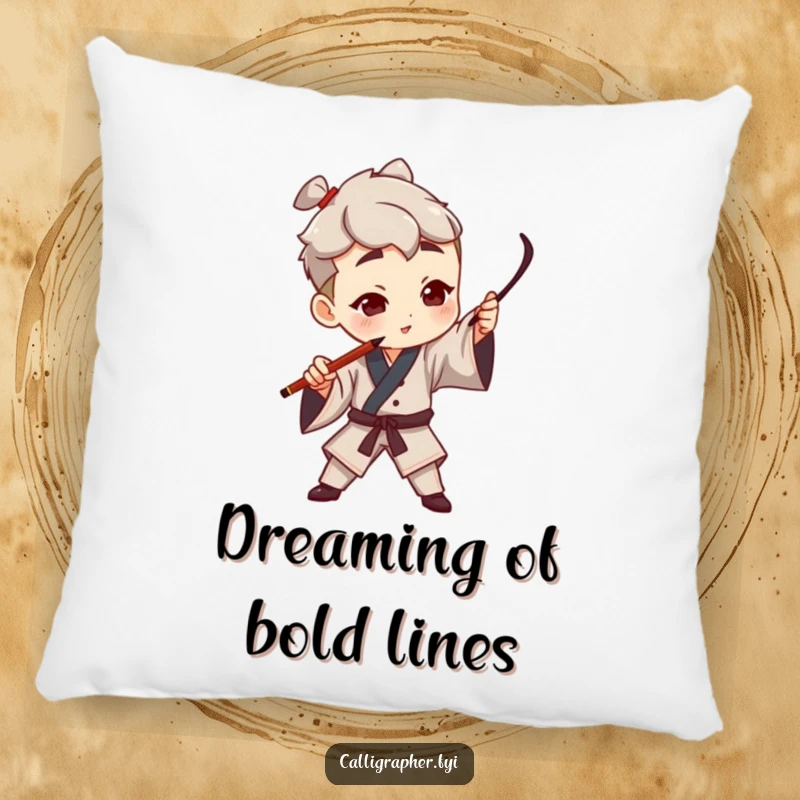 Funny pillow featuring a character artist dramatically gesturing with a calligraphy pen, creating a bold stroke, adding artistic comfort.