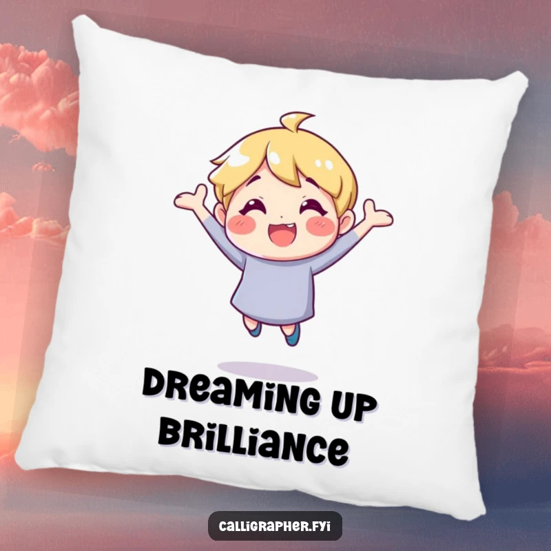 Funny pillow with a cute, cheerful character bouncing energetically, perfect for adding a touch of joy and comfort to any sofa.