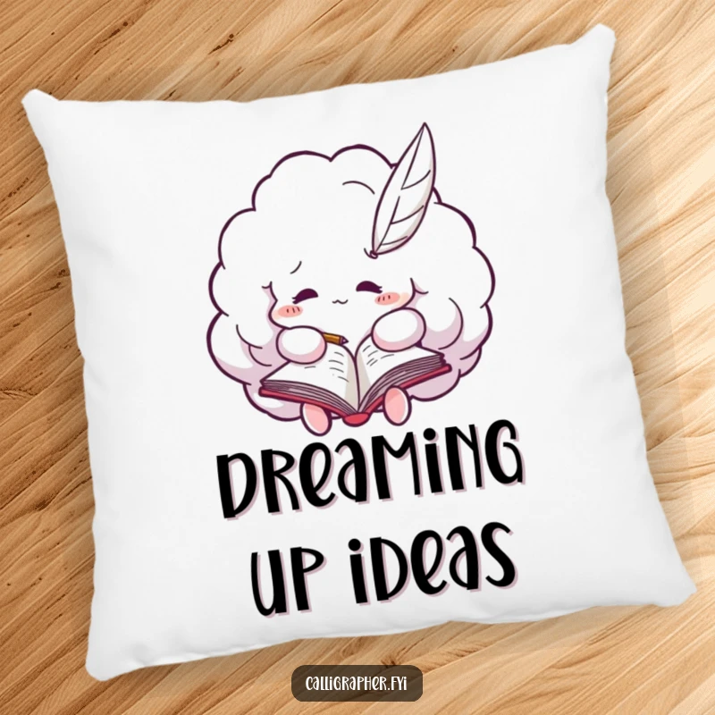 Funny cloud pillow featuring a fluffy cloud character using a quill pen to write in a notebook, a humorous decorative item.