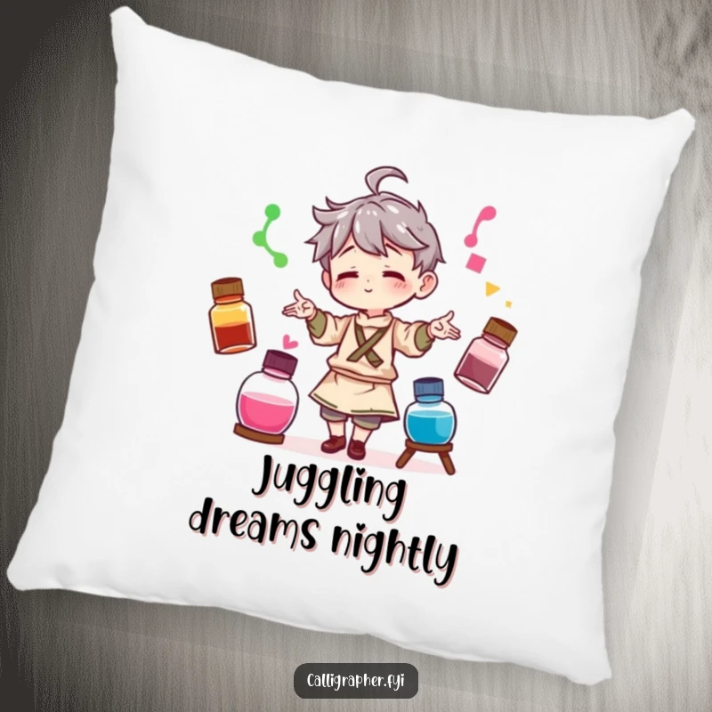 Funny pillow featuring a character artist playfully juggling three different colored ink bottles, adding artistic comfort and color.