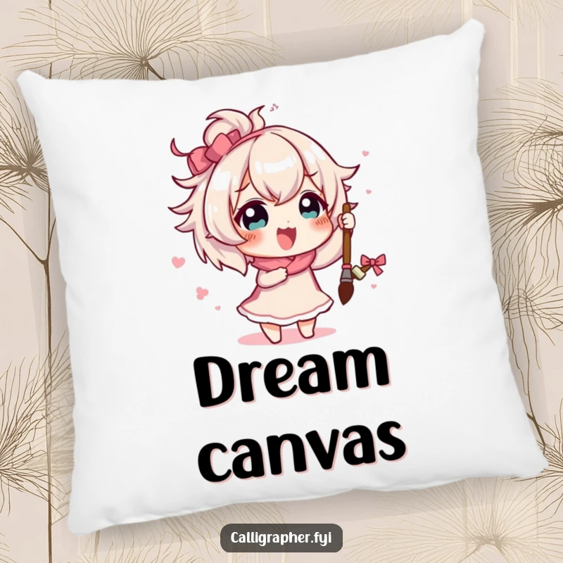 Funny cute character enthusiastically painting a flourish with a brush, featured on a soft, humorous pillow.