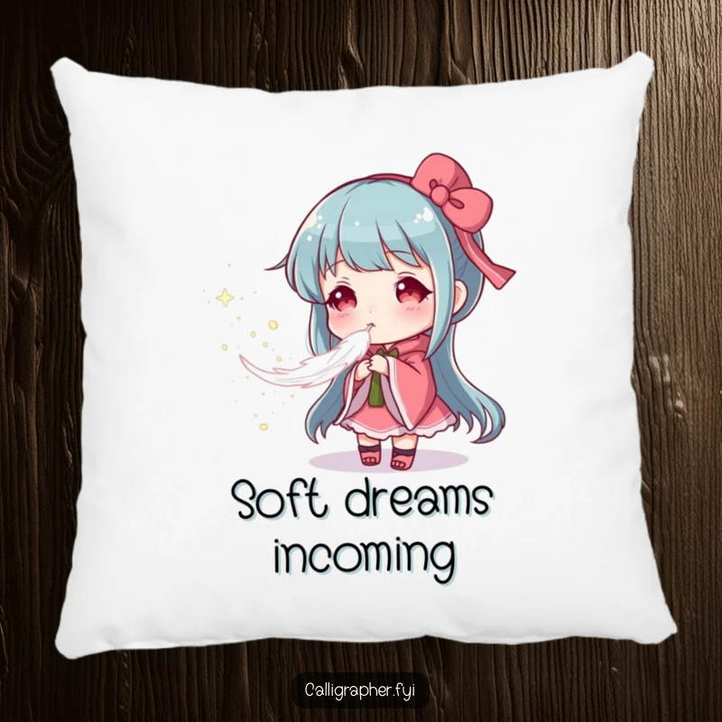 Funny pillow showing an artist creating a soft cloud of pigment by blowing a feather, adding gentle artistic humor and comfort.