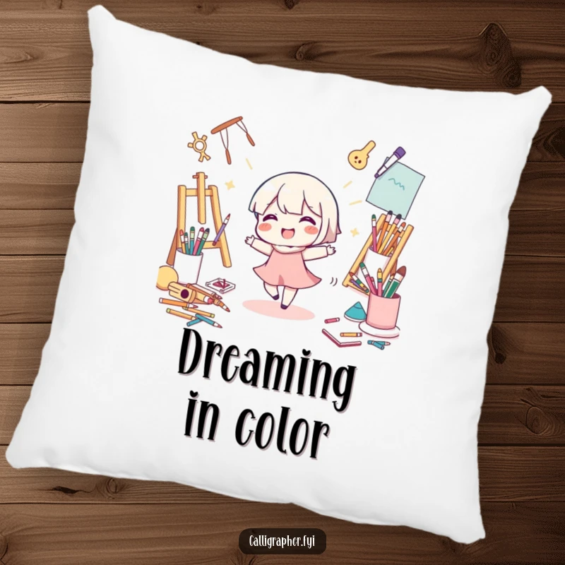 Funny Pillow: A cute character dances happily amidst art supplies, offering a comfortable and artistic accent for any room.
