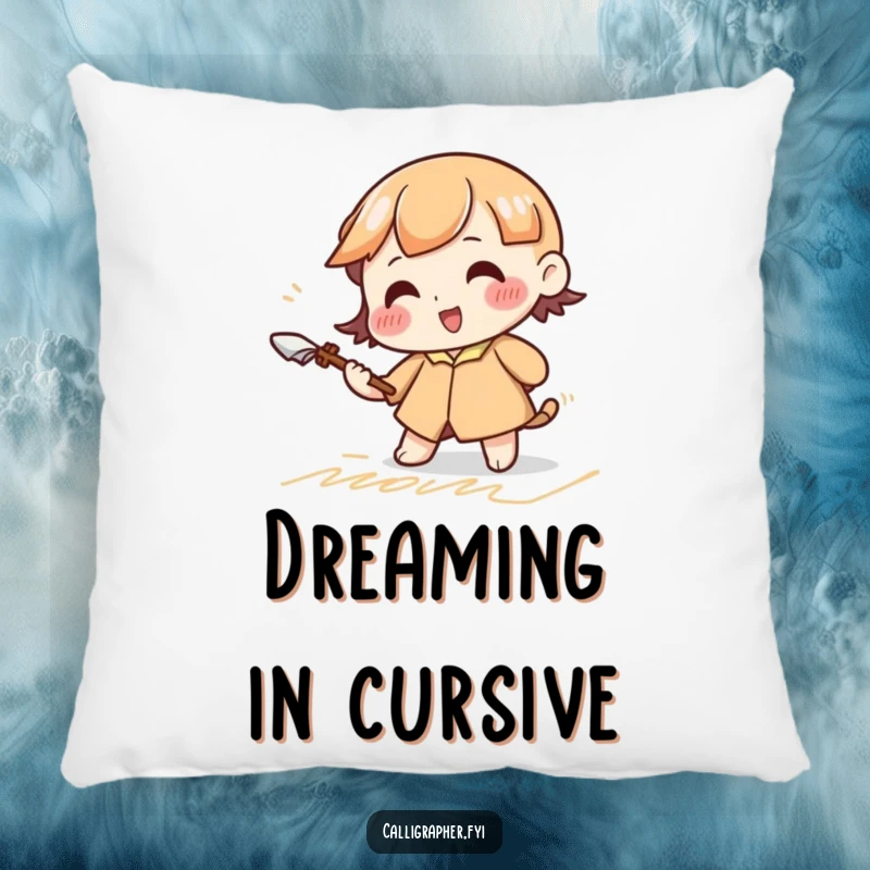 Funny pillow featuring a cute character vigorously practicing elegant cursive strokes with a large quill, offering comfort and artistic inspiration.