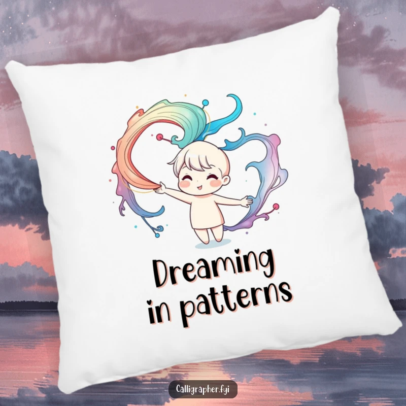Funny pillow with a cute character artistically creating mesmerizing, swirling ink patterns in the air, perfect for adding comfort and style.