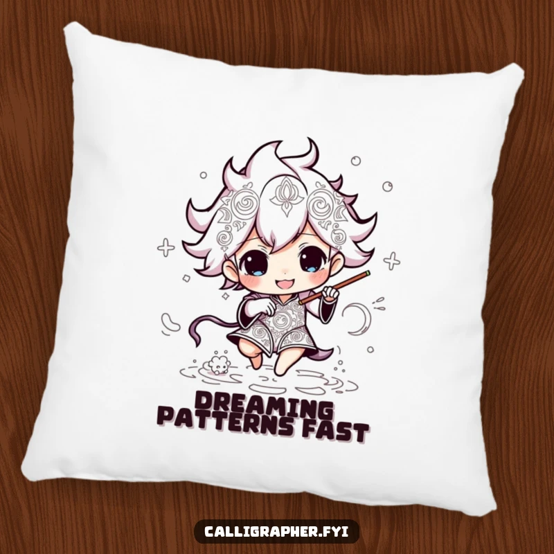 Funny pillow featuring an energetic character focused on drawing intricate patterns, offering comfort and a touch of artistic dedication.
