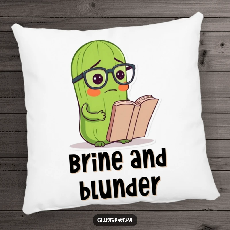 Funny pickle pillow featuring a pickle wearing tiny reading glasses, looking confused at a book, a humorous decorative cushion.