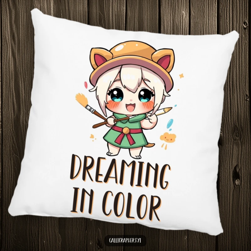 Funny pillow featuring a stylized character enthusiastically painting, radiating creative joy and adding a humorous touch to any seating area.