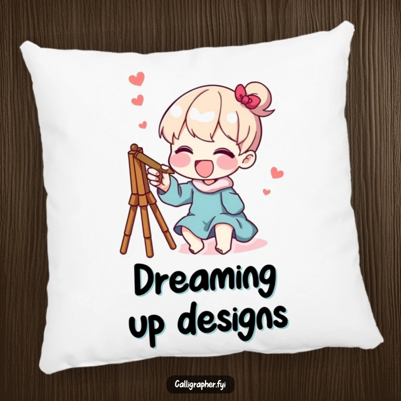 Funny pillow featuring a character joyfully sketching a whimsical design, offering comfort and a touch of creative humor.