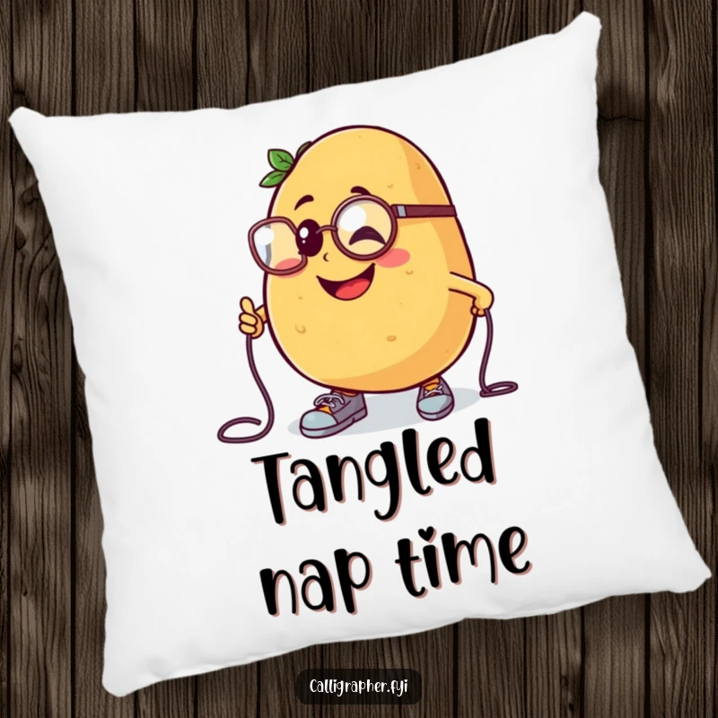 Funny pillow featuring a cheerful potato character wearing a monocle, comically tripping over its shoelaces.