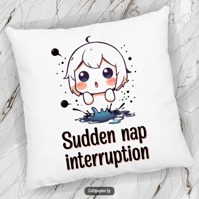Funny pillow featuring a cute character with a shocked, surprised expression as an ink splatter appears nearby.