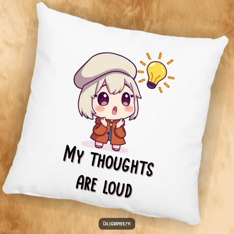 Funny Pillow with a surprised character in a beret experiencing a moment of sudden, brilliant inspiration, perfect for cozy contemplation.
