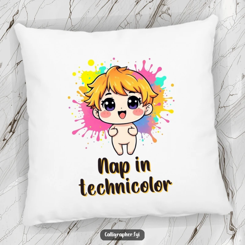 Funny Pillow featuring a playful character making colorful paint splashes, adding a vibrant and cozy touch to any space.