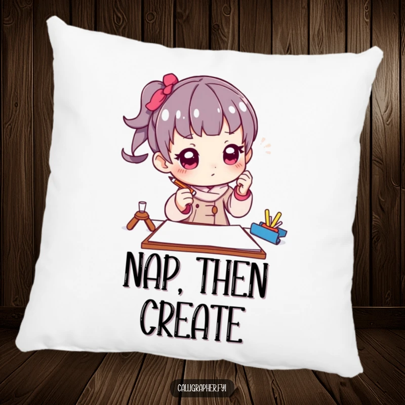Funny pillow featuring a character artist in a thoughtful pose, holding a pencil poised above paper, adding artistic comfort.
