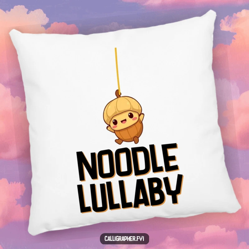 Funny pillow featuring a brave little acorn character swinging from a strand of spaghetti.
