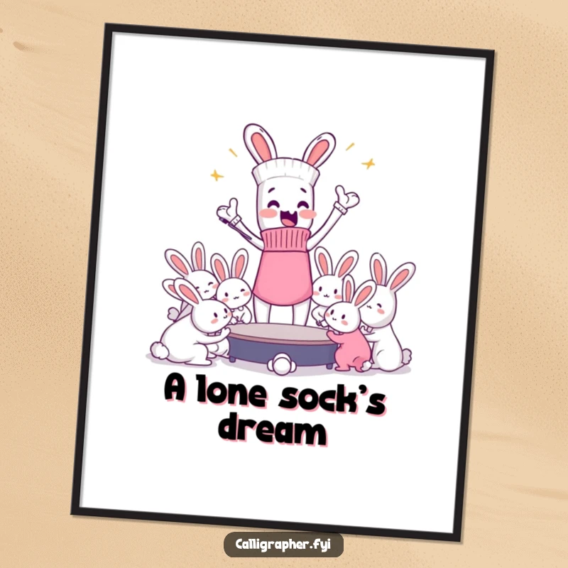 Funny digital art print of an enthusiastic sock passionately conducting a chaotic orchestra of dust bunnies, a humorous and lively illustration.