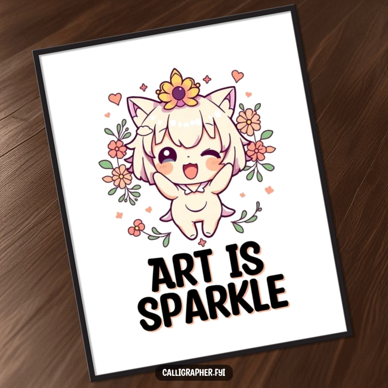 Funny Digital Art Print of a cute character excitedly decorating with swirls and sparkles, perfect for instant, joyful wall decor.