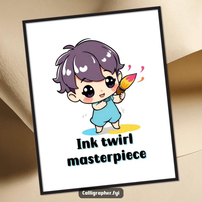 Funny digital art print of a cute character enthusiastically twirling a paintbrush with vibrant ink, perfect for creative decor.