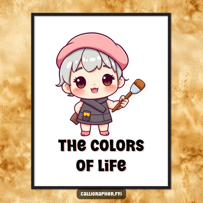 Funny digital art print of a cute character in a beret, holding a paintbrush with confident pride, symbolizing artistic passion.