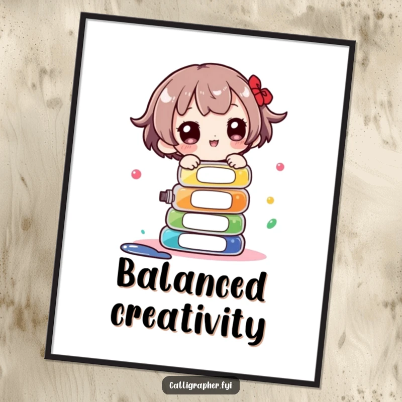 Funny Digital Art Print: Cute character balancing a stack of ink bottles, capturing the playful challenge of artistic endeavors.