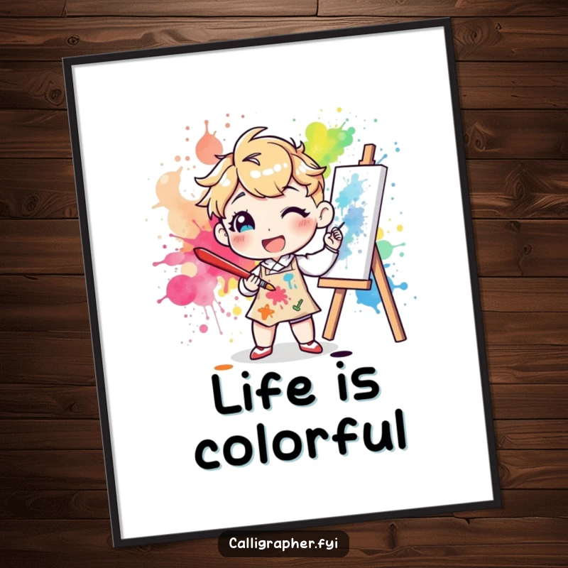 Funny digital art print of a cheerful character artist happily splattering colorful ink onto a canvas with a large brush, capturing lively artistic energy.
