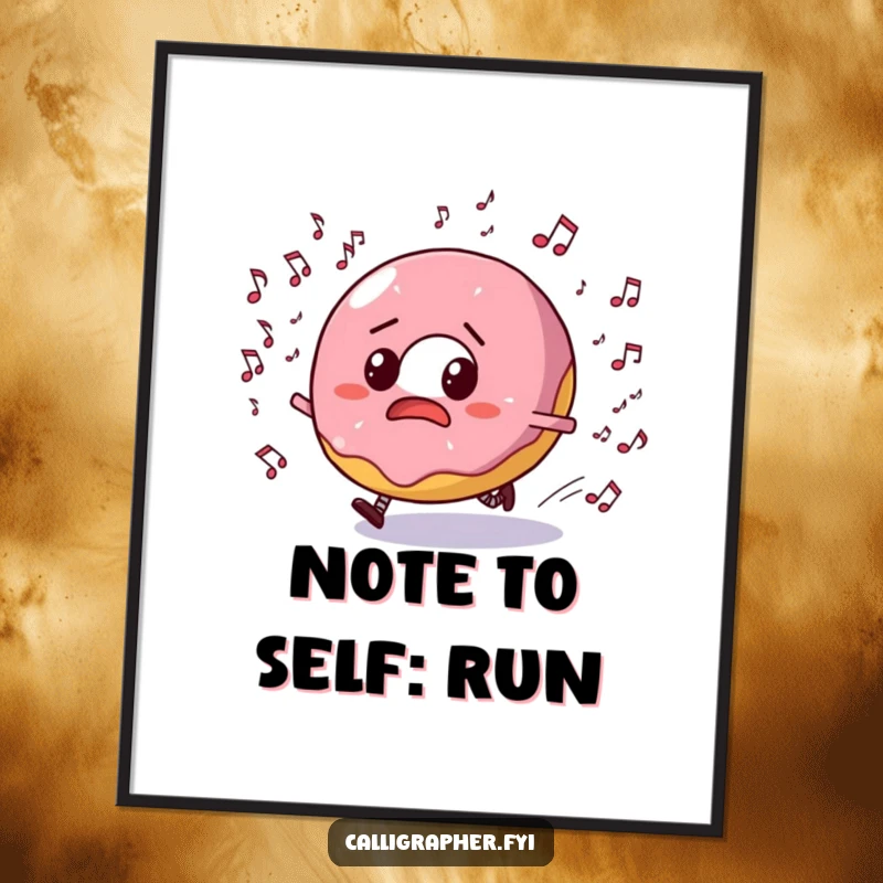 Funny digital art print of a bewildered donut character running from a swarm of musical notes, a humorous and dynamic illustration.