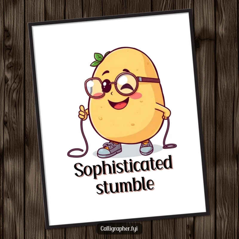 Funny digital art print of a cheerful potato character in a monocle, comically tripping over its shoelaces.