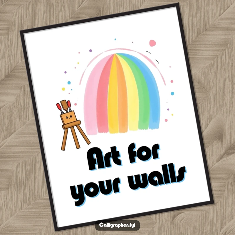Funny digital art print of an artist joyfully painting a vibrant rainbow on a canvas, perfect for instant home decor and artistic inspiration.