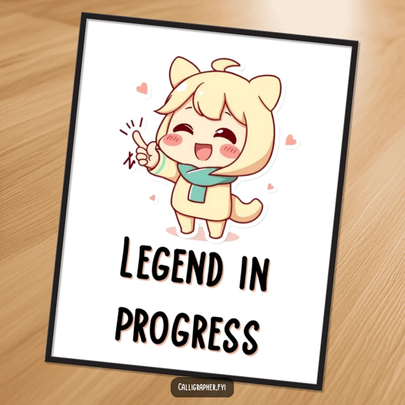 Funny digital art print of a cute character's large, dramatically flourished signature, adding artistic flair.